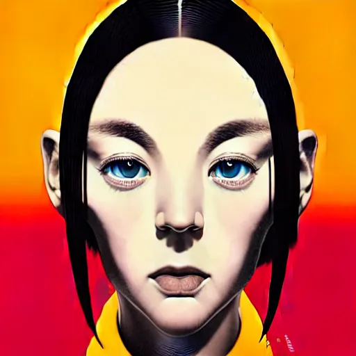 Prompt: young collage artist with warm eyes, slim features looking cross - eyed at you. box office hit, satire and seventies italian horror movie, unreal engine, intricate, ultra detailed 8 k, ambient reflective occlusion, extremely beautiful and aesthetic shape of face and neck, art by hiroaki samura and ilya kuvshinov and rossdraws and andy warhol, inverted