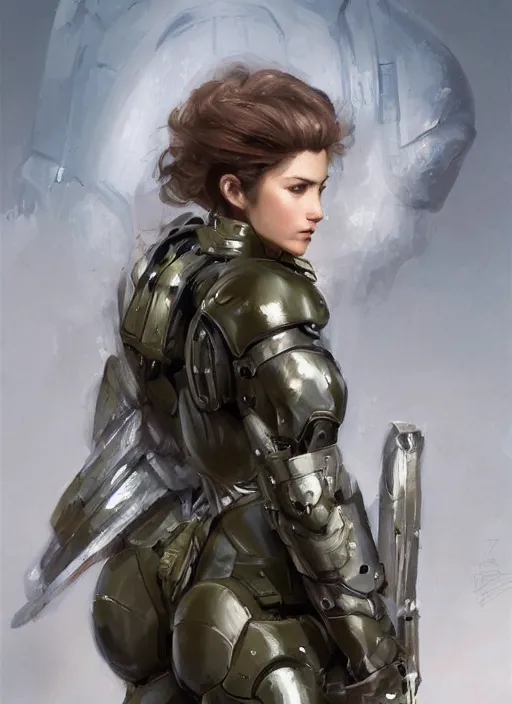 Image similar to a professional painting of a beautiful young female, clothed in military armor, olive skin, long dark hair, beautiful bone structure, symmetrical facial features, intricate, elegant, digital painting, concept art, smooth, sharp focus, illustration, from Metal Gear, by Ruan Jia and Mandy Jurgens and Artgerm and William-Adolphe Bouguerea