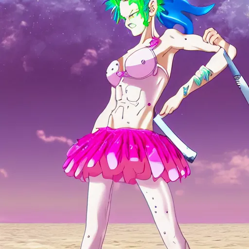 Prompt: hisoka wearing a pink tutu ballet dress with a shiny chrome sword in his hand while standing on a rainy beach with girls in colorfull bikini ‘ s in the back, anime style, 4 k, high detail, minimalistic,
