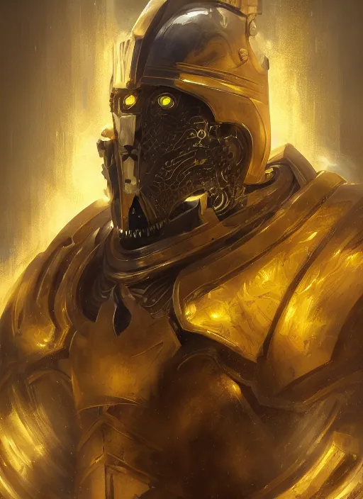 Image similar to dynamic abstract portrait of a intricate glorious holy mechanical warforged character in yellow armor holding a paladin engraved great longsword drawn and carrying a big paladin shield, beam glowing eye , epic , trending on ArtStation, masterpiece, cinematic lighting, by Ross Tran and by Greg Rutkowski