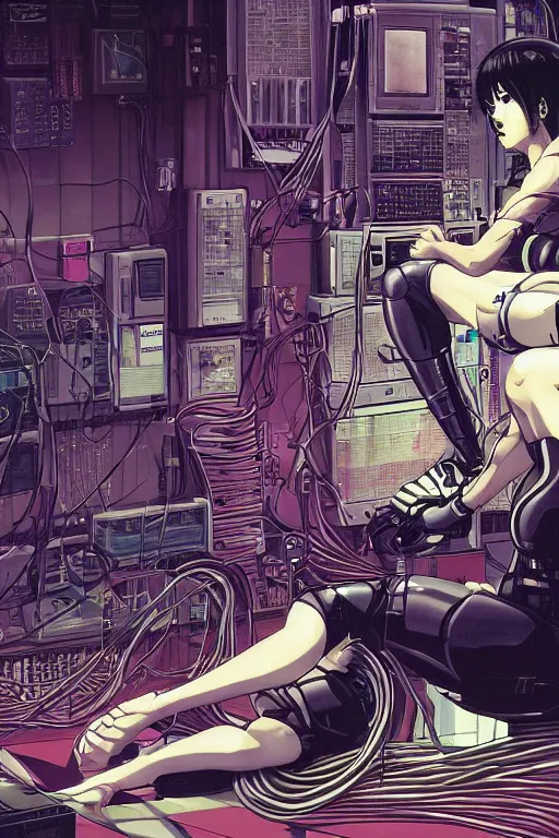 Image similar to hypedetailed cyberpunk illustration of motoko kusanagi seated in the lab, with wires and cables coming out of her head and back, by masamune shirow and katsuhiro otomo, colorful, detailed, back view