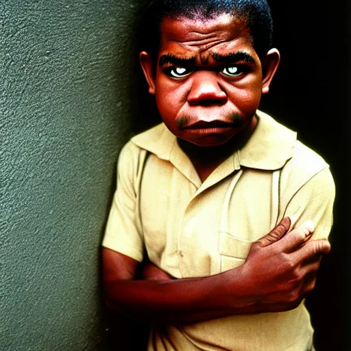 Image similar to uhd photorealisitc candid photo of six foot tall gary coleman. correct face, accurate face. photo by annie leibowitz and steve mccurry