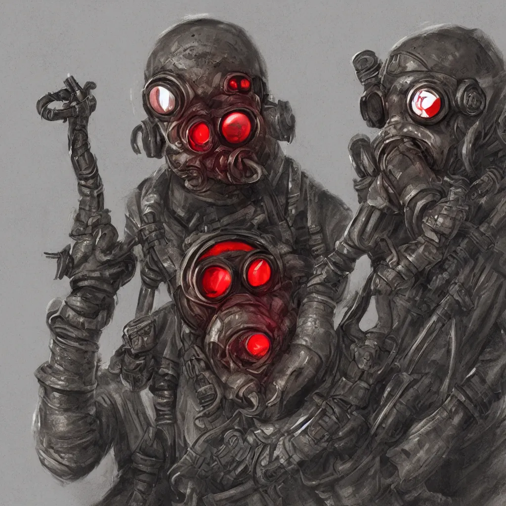 Prompt: soviet russian spetsnaz soldier wearing a demonic gasmask with glowing red eyes and three goggles and demonic tentacle instead of one arm, concept art, digital portrait, horror, creepy, concept art, military art, dark fantasy art, sci - fi, retrofuturism, artstation, highly detailed painting, art by eddie mendoza