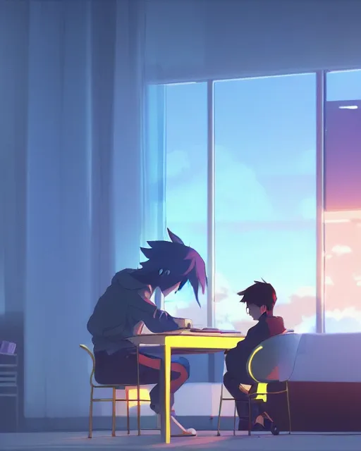 Prompt: a boy and a goldendoodle dog are sitting at a desk in front of a bright computer screen in a bedroom by night, anime concept art, illustrated by Makoto Shinkai, 4k