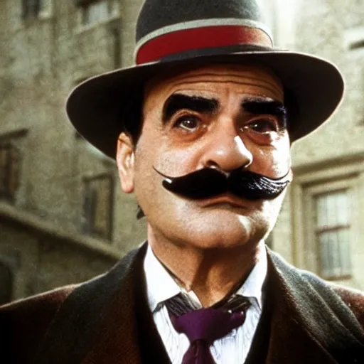 Image similar to scene of the hercule poirot tv serie featuring david suchet with a smaller moustache