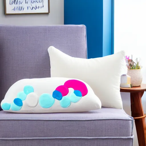 Prompt: Photograph of comfortable memory foam pillows designed by children, fun design, bright print, 8K HD, product shot