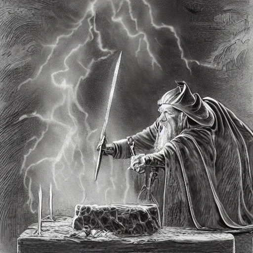 Image similar to the evil ian mckellen smithing on an anvil as gandalf in a dark viking hood playing odin all father crafting a neural network with golden synapses on an anvil with fire, highly detailed, cinematic shot, cinematic lighting, 8 k, exquisit facial detail, colored painting by gustave dore.