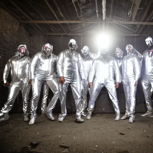 Prompt: photo, a giant massive group of men wearing full body shiny reflective latex suits including pants and shirts and boots and masks, performing an incredibly acrobatic wild dance inside a decaying condemned 1980's mall