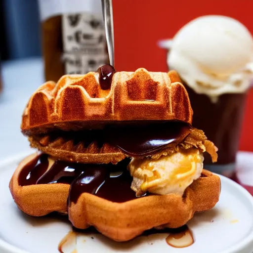 Image similar to photograph of a crispy Cajun fried chicken sandwich with Belgian Waffle Bun, maple syrup & hot fudge, ice cream on the side, 4K, HD