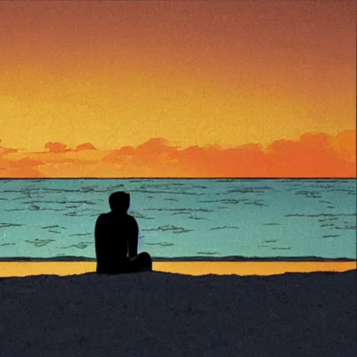 Prompt: a man sitting by the beach watching the sunset, by Studio Ghibli