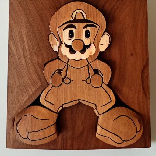 Image similar to abstract walnut wood carving of mario. Intricate details, hand carved, warm tones