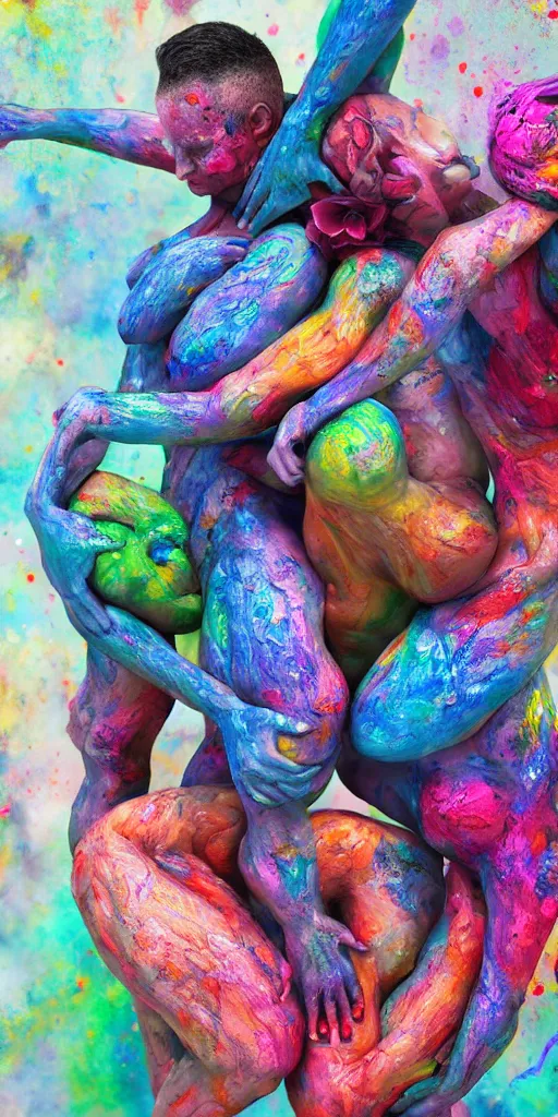 Image similar to a surrealist sculpture human bodies intertwined, a lovely cornucopia of flowers and human body parts, body parts, paint pour, swirling paint colors, highly detailed, octane render, cinematic