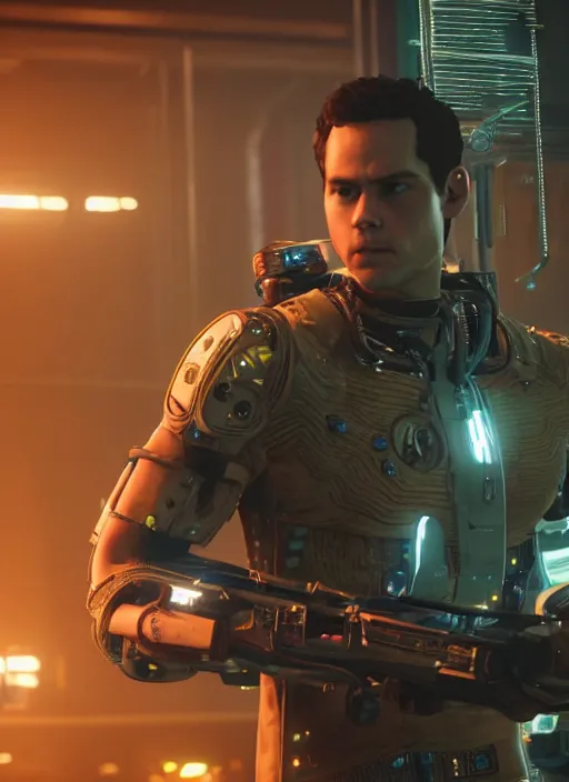 Prompt: film still of Dylan O'Brien as Kerry Eurodyne in Cyberpunk 2077, gameplay, 8k, HD
