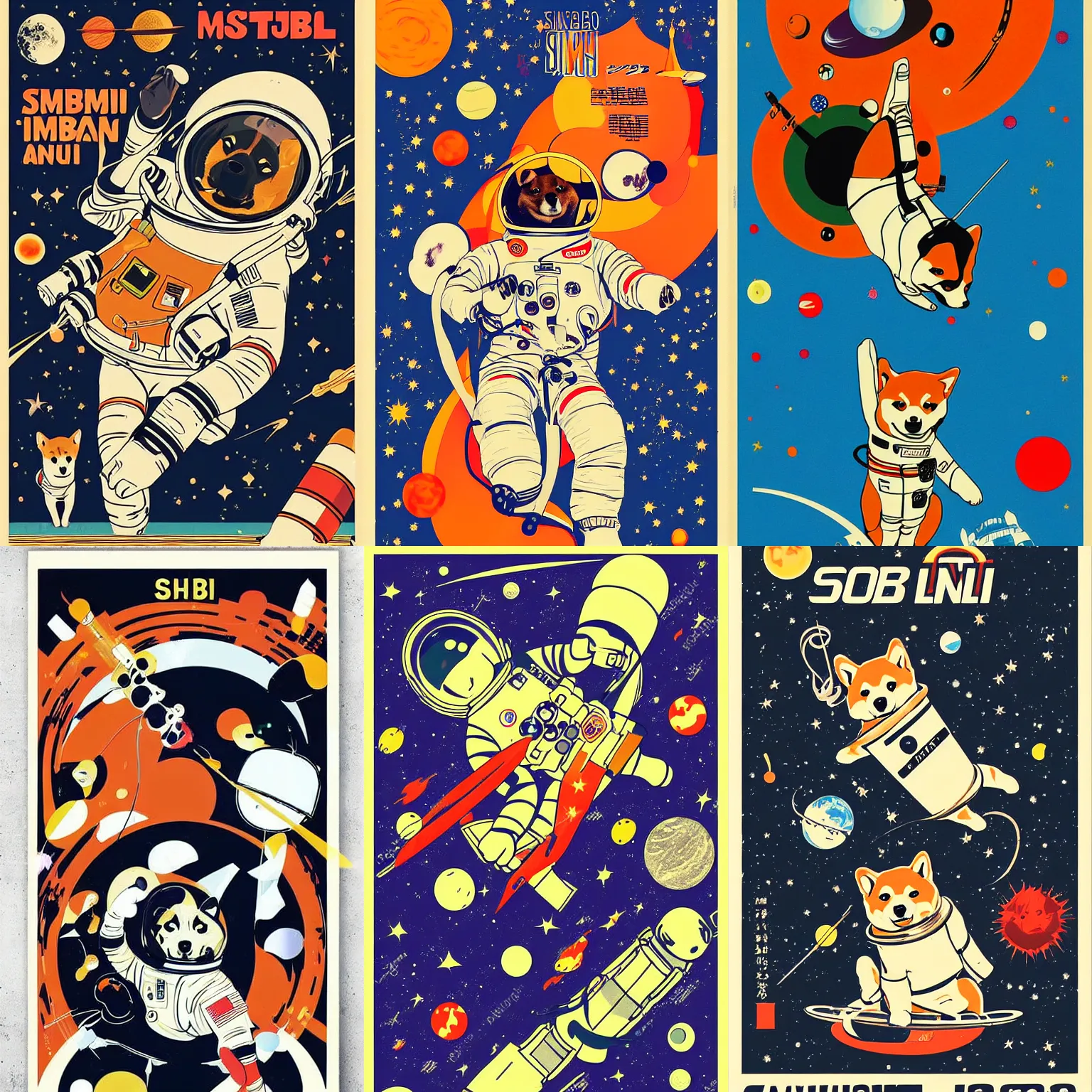 Prompt: Shiba Inu cosmonaut, space walk, 60s poster, in the style of a music poster 1969