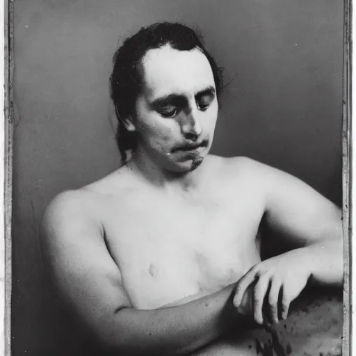 Prompt: a person bathing in mercury, portrait photograph