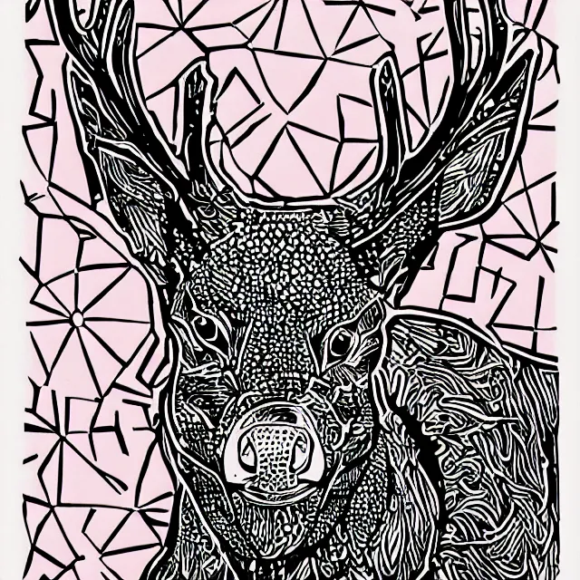 Prompt: linocut of a cybernetic deer. pink, black and white color pallette.