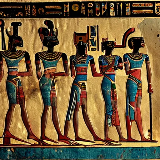 Image similar to ancient egyptian art featuring aliens robots cyborg