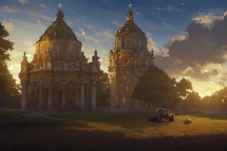 Image similar to a mobile driving ornate baroque church mounted on chaindrive, scene in an open field. key visual, conceptart, ambient lighting, highly detailed, digital painting, artstation, concept art, sharp focus, by makoto shinkai and akihiko yoshida and greg manchess