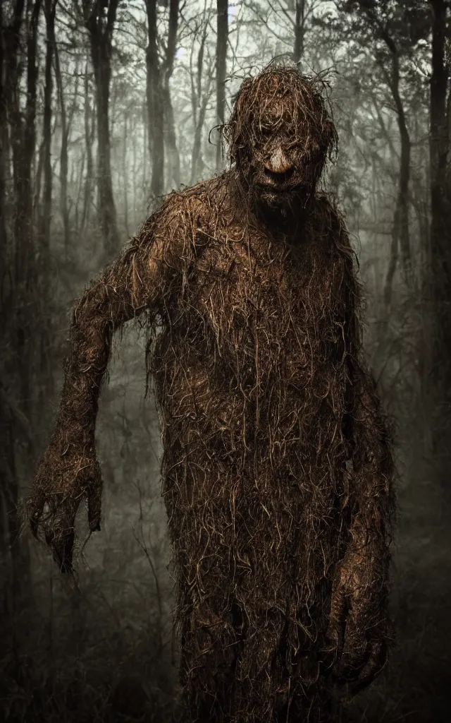 Image similar to a portrait of a swamp monster in a wooded bog at night, cinematic, wildlife photography, moody lighting