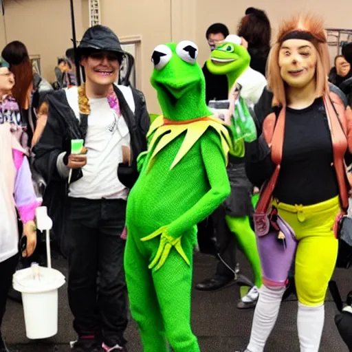 Image similar to kermit the frog cosplayers at a cosplay meet up in a anime convention