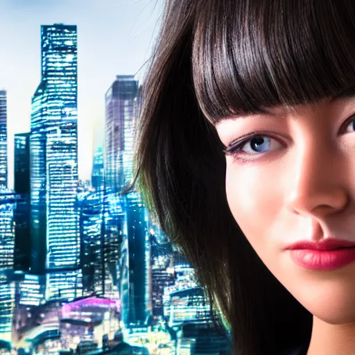 Image similar to close up on a woman\'s face with a log of cybernetic components. Futuristic city in the background. Very detailed. 55mm lens