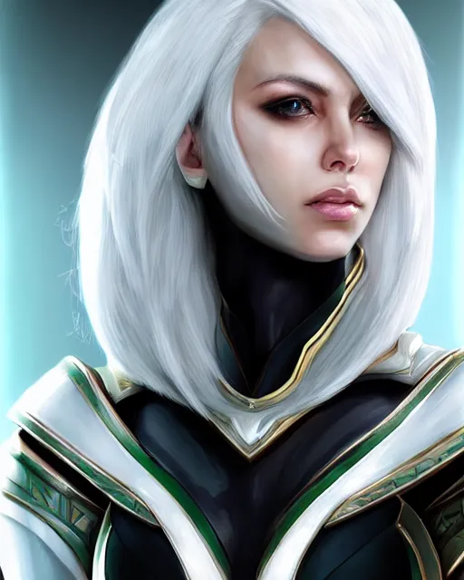 Image similar to perfect white haired attractive egyptian gof, warframe armor, beautiful, symmetric, dreamy, half asian, pretty face, green eyes, charlize theron, detailed, scifi platform, laboratory, experiment, 4 k, ultra realistic, epic lighting, android body, illuminated, cinematic, masterpiece, art by akihito tsukushi, voidstar