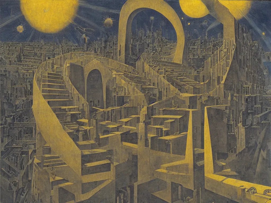 Image similar to The wise serpent knows the secret infinite stairs. Brutalist, doomed deserted industrial city. Solar flares. Piero della Francesca Rene Magritte, Jean Delville, Max Ernst, Escher