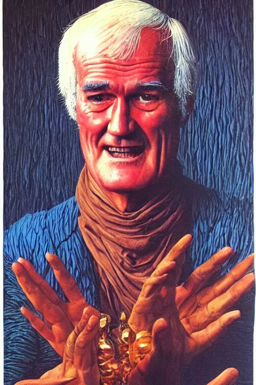 Prompt: an awesome jean giraud portrait of timothy leary telling jokes in the style of a renaissance masters portrait, mystical and new age symbolism