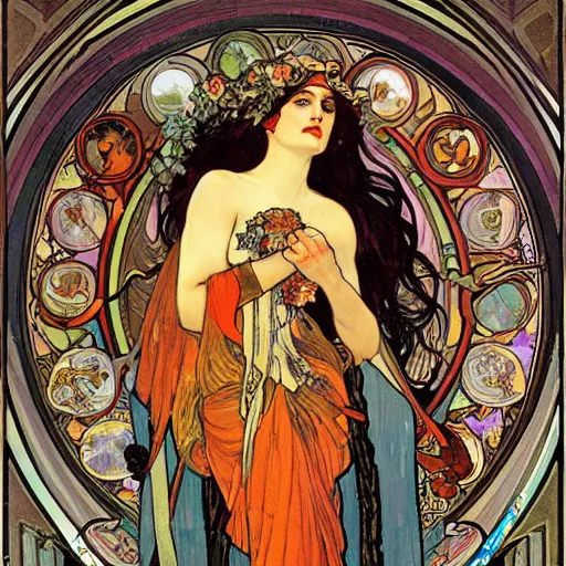 Prompt: persephone as godess of death, painted by alphonse mucha