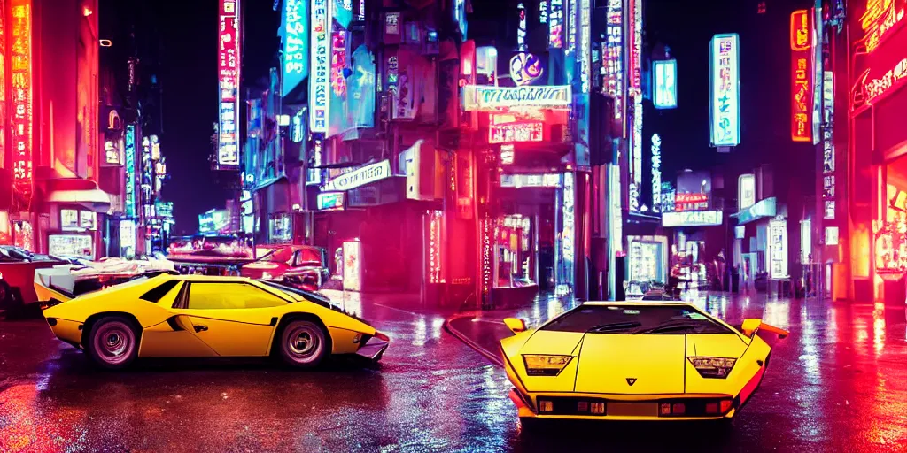 Prompt: photograph of two different coloured lamborghini countach parked in a rainy neo tokyo street at night with neon light signs illuminating the scene, sharp focus, highly detailed, ray tracing, cinematic, moody, hdr, 4 k, incredible detail, epic, misty, slight bokeh