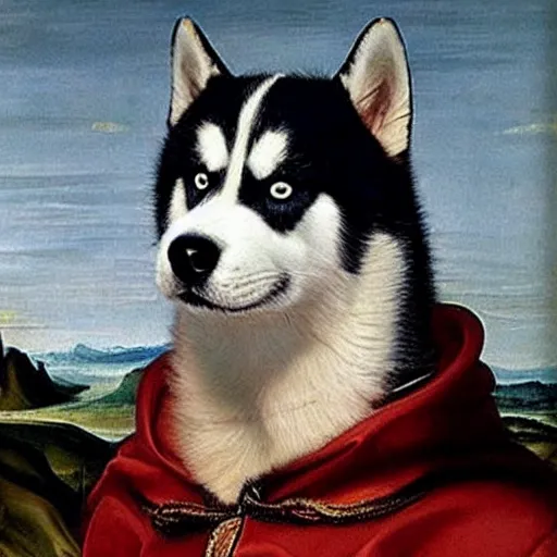 Image similar to a Husky dog sitting wearing a royal suit, renaissance painting, high quality, high detail, portait