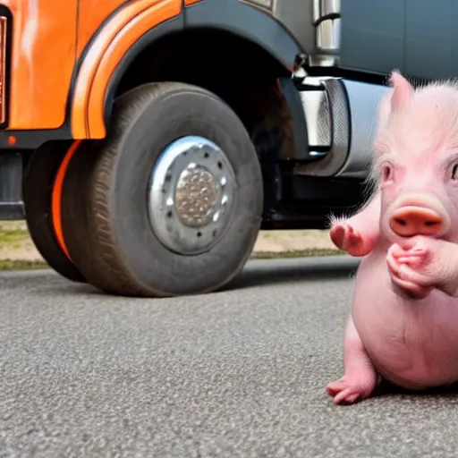 Image similar to photo of : a tough old fat trucker has a small piglet between his legs and he is twisting the piglet, in front of his semi - truck.