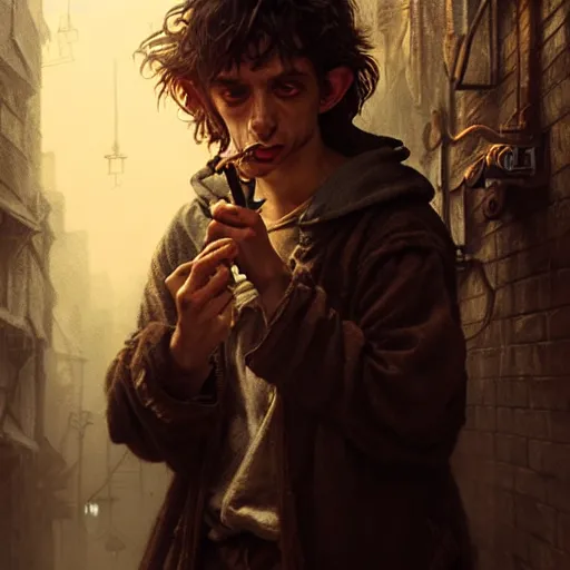 Image similar to Drug addict hobbit with crazy eyes smoking in a dark alley, ultra realistic, concept art, intricate details, dark, highly detailed, photorealistic, octane render, 8k, unreal engine, art by artgerm and greg rutkowski and alphonse mucha