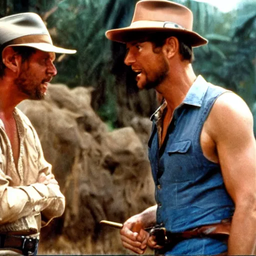 Prompt: film still of Roger Daltry talking with Indiana Jones.