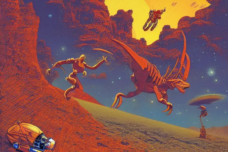 Prompt: beautiful amazons riding dinosaurs on mars against a backdrop of canyons, mercury rainbows in the sky and space fighters shooting, artwork by jean giraud