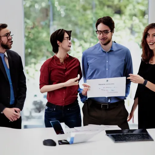 Prompt: An award-winning photograph of a group of data scientists presenting some terrible graphs to the laughing CEO