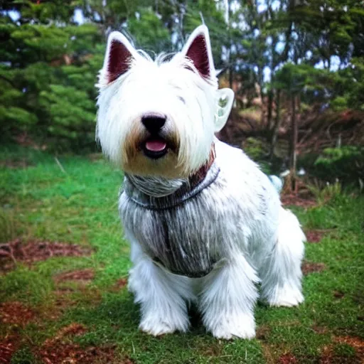 Prompt: “ iron bark, the superhero west highland terrier, clad in iron spiky armor ”