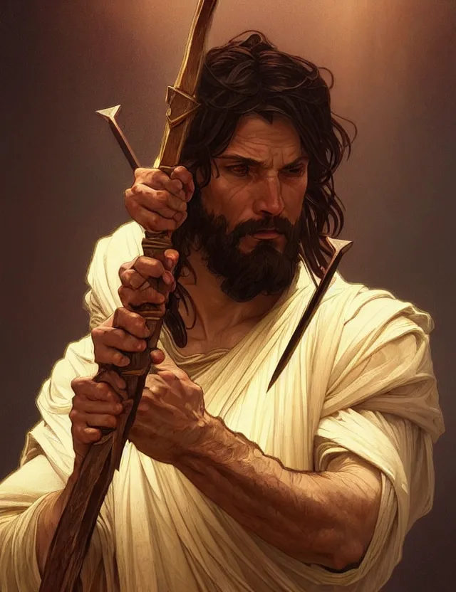 Prompt: portrait of biblical cain holding a spear, intricate, headshot, highly detailed, digital painting, artstation, concept art, sharp focus, cinematic lighting, illustration, art by artgerm and greg rutkowski, alphonse mucha, cgsociety