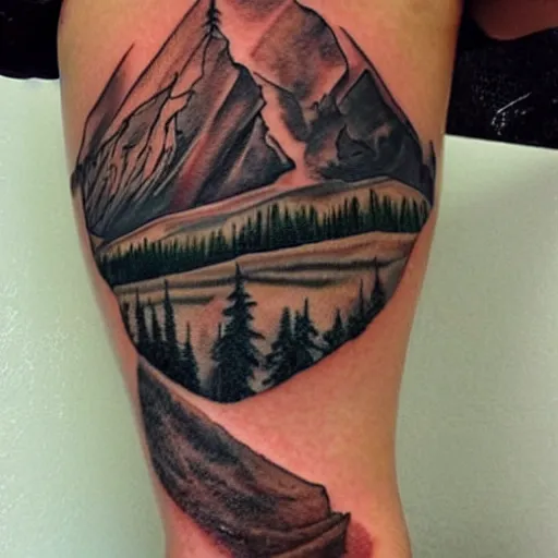 Image similar to megan fox & beautiful mountains, double exposure effect, medium sized tattoo sketch, amazing detail