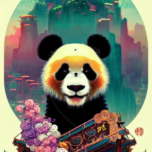 Image similar to a beautiful hyperdetailed character design 4 k wallpaper illustration of a cute panda with a chinese lion dance head victo ngai cyberpunk style, from china, style of studio ghibli, makoto shinkai, raphael lacoste, louis comfort tiffany, artgerm, james jean, ross tran, chinese style