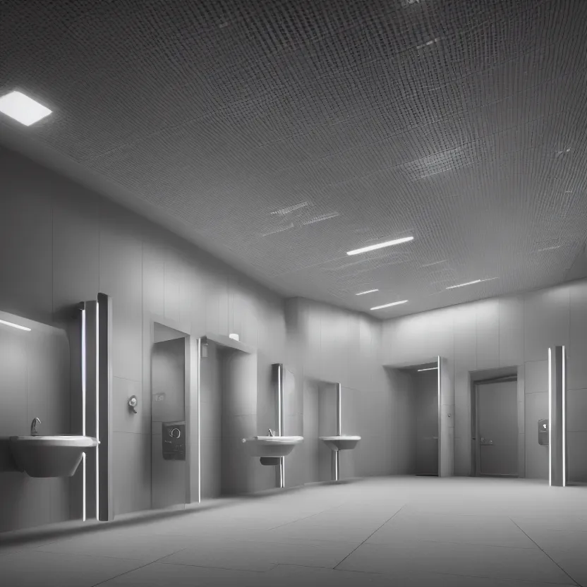 Image similar to an infinite public restroom with endless stalls and endless sinks fading into the distance, cinematic lighting, volumetric lighting, award winning photography, highly detailed, intricate, sharp focus, 4 k wallpaper, unreal engine, 9 0 mm, f / 1. 4