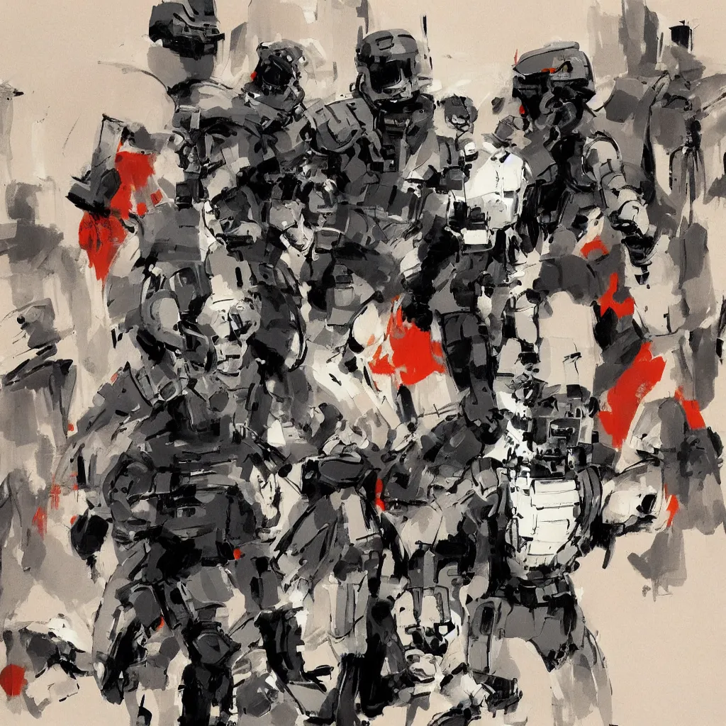 Image similar to a robot cop arresting people, painted by ashley wood