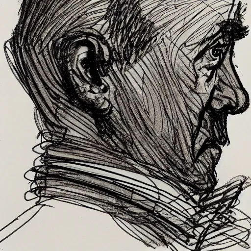 Prompt: a realistic yet scraggly portrait sketch of the side profile of a stern and sophisticated gigavirgin, trending on artstation, intricate details, in the style of frank auerbach, in the style of sergio aragones, in the style of martin ansin, in the style of david aja, in the style of mattias adolfsson