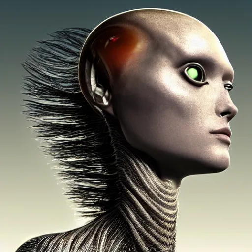 Image similar to A young beautiful female extraterrestrial-cyborg face with a very long neck, big clear eyes, thin nose, big lips, hair floating in the wind:: alien is from the future, Realistic, Refined, Detailed Digital Art, Pre-Raphaelite,Renaissance, Highly Detailed, Cinematic Lighting, rim light, black and white, photo-realistic Unreal Engine, 8K