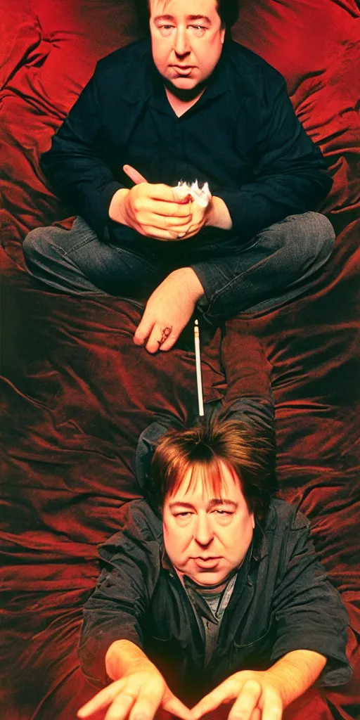 Image similar to award winning photo of BILL HICKS smoking weed in new york, vivid colors, happy, symmetrical face, beautiful eyes, studio lighting, wide shot art by gregory crewdson, Sally Mann & Arnold Newman