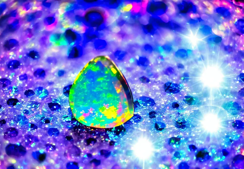 Image similar to iridescent gemstone, refraction, shining, opal, diamond, sapphire, topaz, nature, photo, blur, macro lens, lens flare