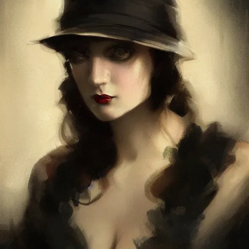 Prompt: beautiful young woman, 1 9 2 0 s, femme fatale, high detail, dramatic light, digital art, dark, painted by seb mckinnon and greg rutkowski, trending on artstation