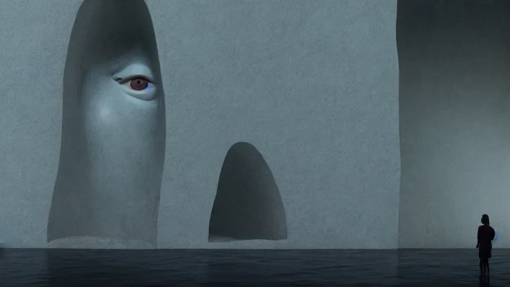 Image similar to the giant nose in the restaurant, made of water, film still from the movie directed by Denis Villeneuve with art direction by Zdzisław Beksiński, wide lens