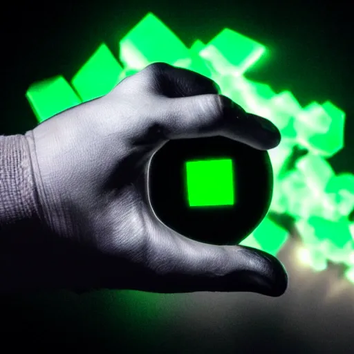 Prompt: a glowing shard of kryptonite held in an open black - gloved hand, pitch black background