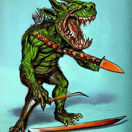 Prompt: dog - faced muscular goblin, ugly face, lizard tail, holding scimitar made of bone, scimitar, sword, jagged sword, curved sword, orkish sword, colorized, green skin, hyper - detailed, primeval fantasy, prehistoric fantasy, drawn by frank frazetta